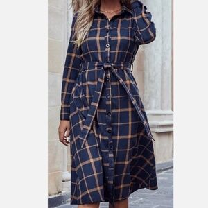 Womens Windowpane Print Belted Shirt Midi Dress Blue Size Large (8/10)